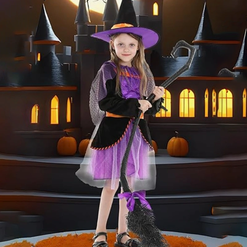 Disfraz de bruja para niños del desfile de Halloween con capa brillante