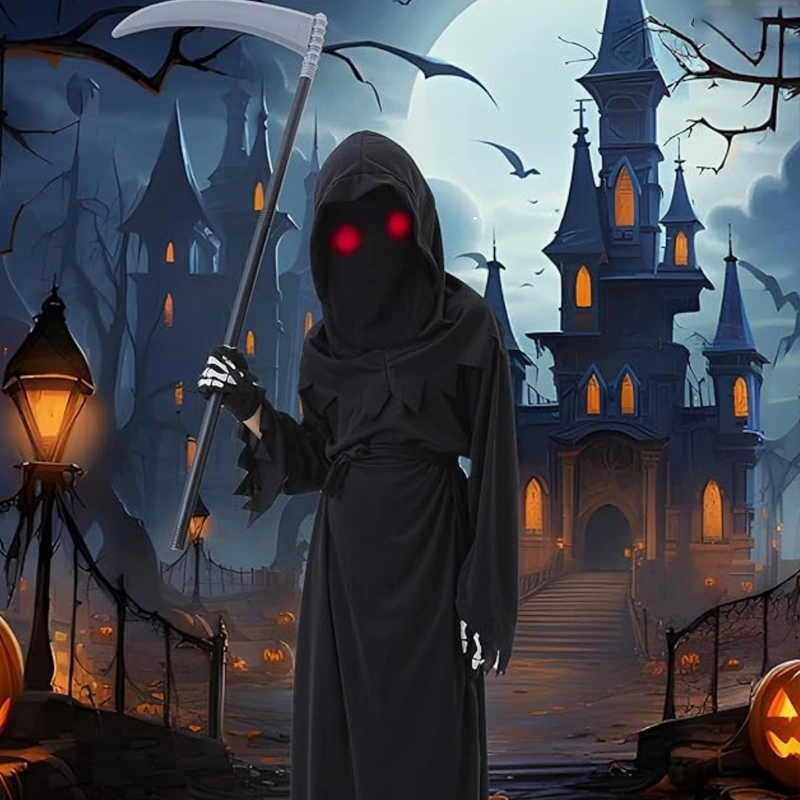 Disfraz de Grim Reaper para fiesta temática de terror para niños con máscara